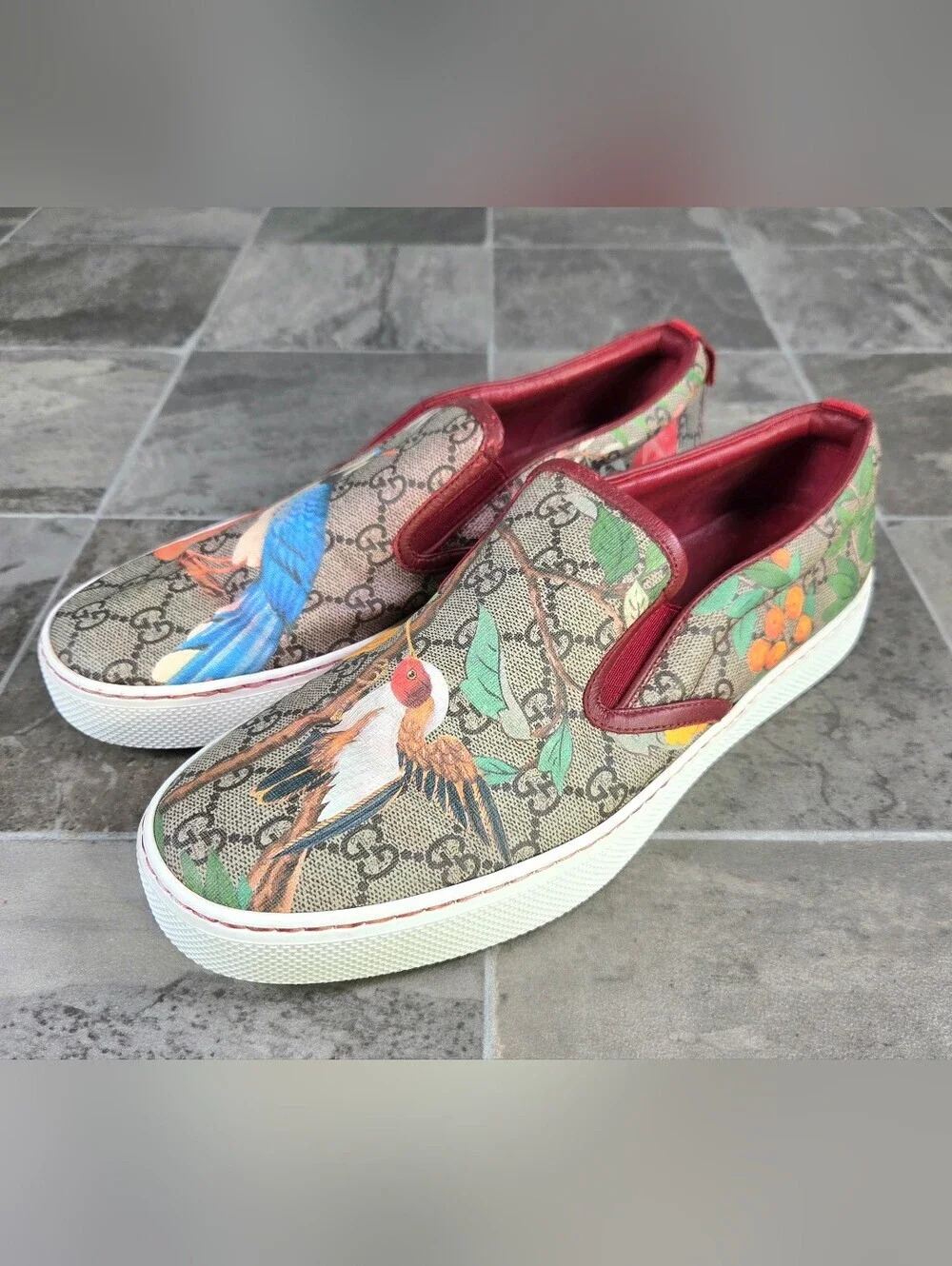 GUCCI GG SUPREME TIAN BIRD PRINT SLIP ON SNEAKERS.